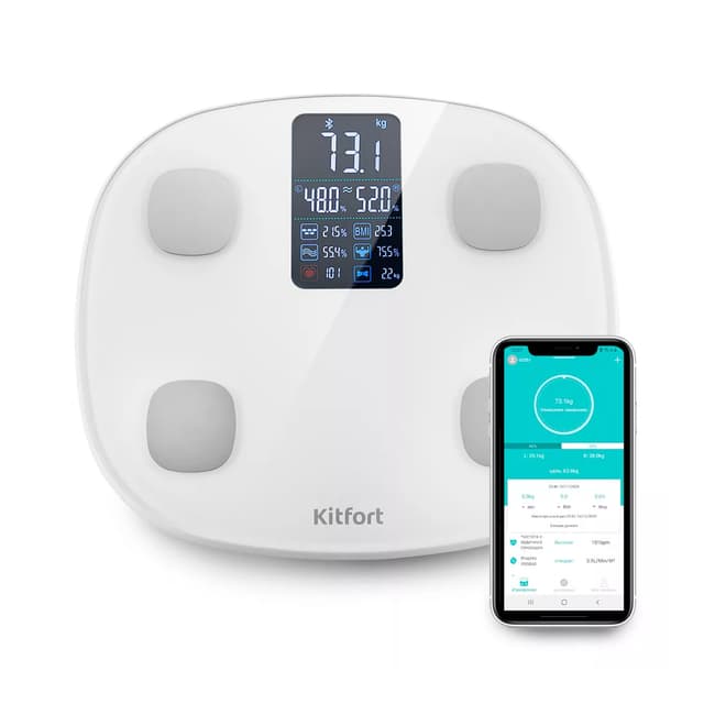 Весы, Kitfort, КТ-808, Материал корпуса / платформы пластик, Максимальная нагрузка 180 кг,Точность измерения (шаг деления) 100 г,Единицы измерения килограммы, Цвет Белый