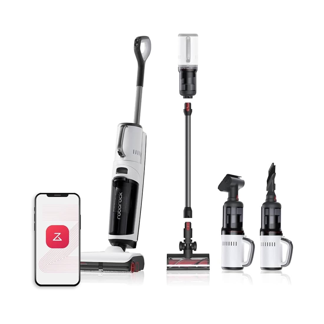 Беспроводной вертикальный пылесос, Roborock, Dyad Pro Combo (H1C1A/H1C1A01-07), 5 в 1, с функцией влажной уборки, Ёмкость аккумулятора 4000 мАч, Автономная работа 43 мин – влажная уборка / 60 мин – сухая уборка, Время зарядки 4 ч, Уровень шума 78 дБ, LED дисплей, Функция самоочистки и самосушки под 50°, Черно-белый