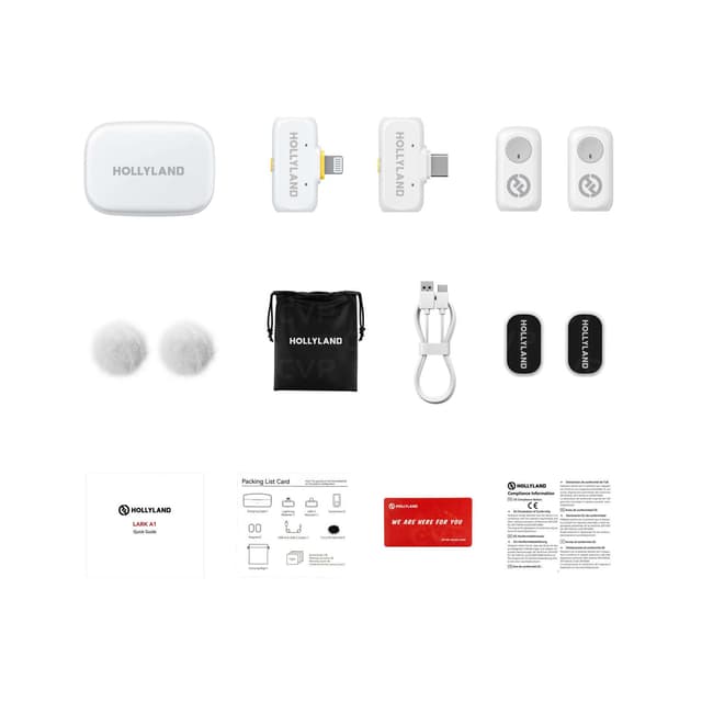 Петличный микрофон, Hollyland, Lark A1 Combo, 48 кГц/24 бит Hi-Fi звук, 3-уровневое интеллектуальное шумоподавление, Универсальная совместимость, Регулировка эквалайзера и реверберации, Автоматическая защита от перегрузки, Срок службы батареи 54 часа, Диапазон прямой видимости 200 м, Компактная магнитная конструкция, 6-уровневая регулировка усилени, Белый