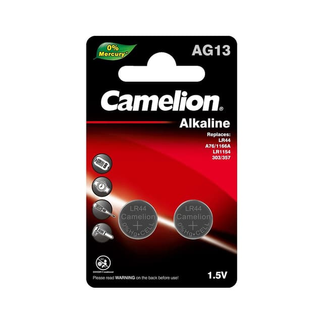 Батарейка, CAMELION, AG13-BP2(0%Hg), Alkaline, AG13, 1.5V, 0% Ртути, 2 шт., Блистер