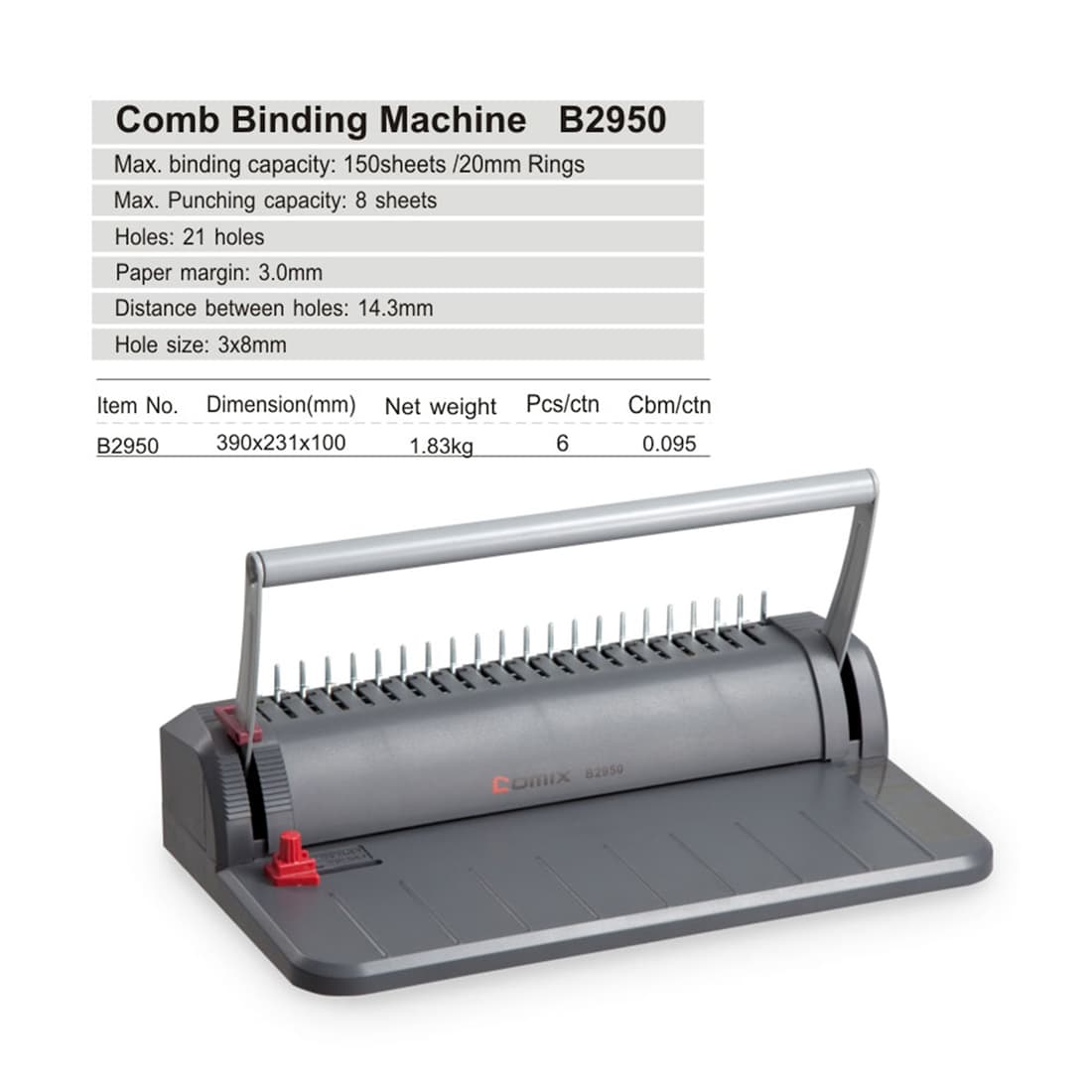 Переплётная машина, COMIX, B2950, на пластиковую пружину, 150л./20мм., Серый