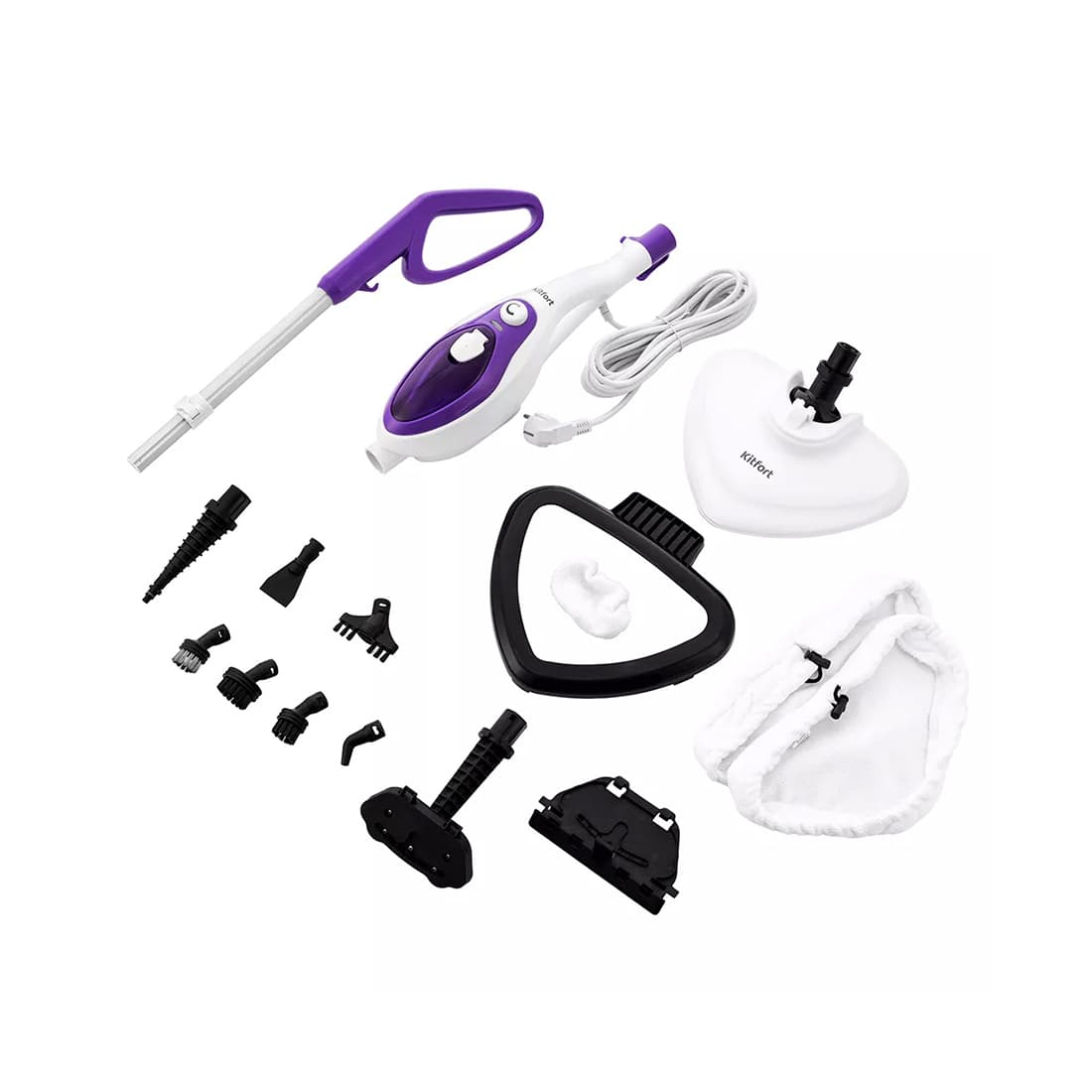 Паровая швабра, Kitfort, КТ-1004-4, фиолетовый, Мощность 1500Вт, Ёмкость резервуара 350мл, Пластик, Подача пара 8-35г/мин, Длина шнура 4.8м, Фиолетовый