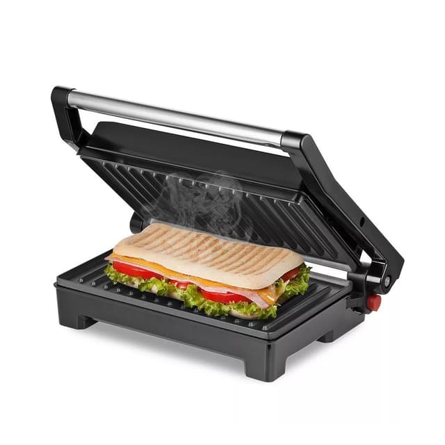 Бутербродница, Kitfort, КТ-3604, Антипригарное покрытие, Открытие крышки на 180°, 2 режима нагрева, Размер пластин 22.5 х 14 см, Мощность 800 Вт, Длина шнура 0.6м, Стальной/Черный