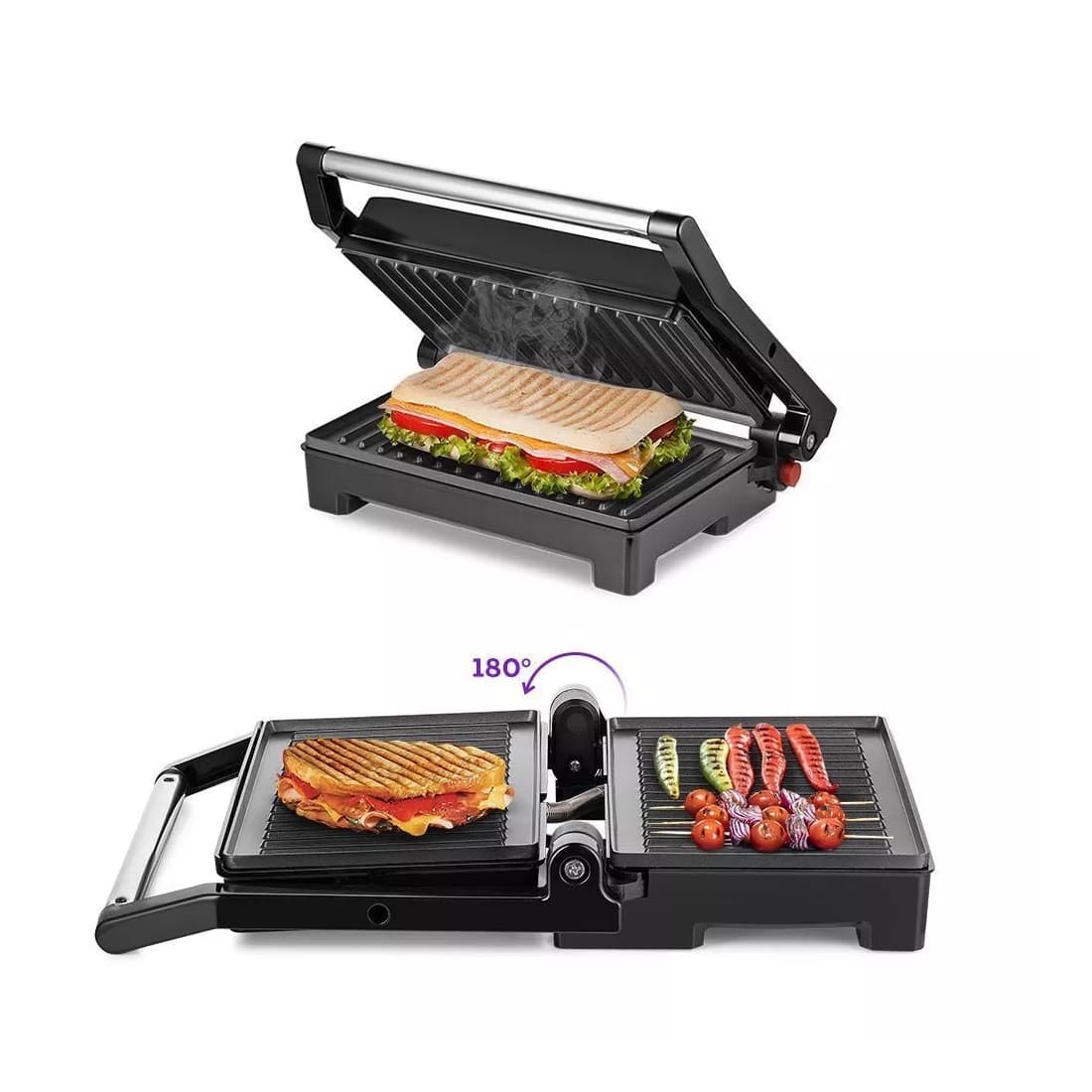 Бутербродница, Kitfort, КТ-3604, Антипригарное покрытие, Открытие крышки на 180°, 2 режима нагрева, Размер пластин 22.5 х 14 см, Мощность 800 Вт, Длина шнура 0.6м, Стальной/Черный