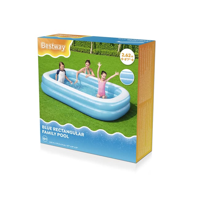 Семейный надувной бассейн Blue Rectangular 262 х 175 х 51 см, BESTWAY, 54006, Винил, 778 л., 6+, Сливной клапан, Синий матовый, Цветная коробка