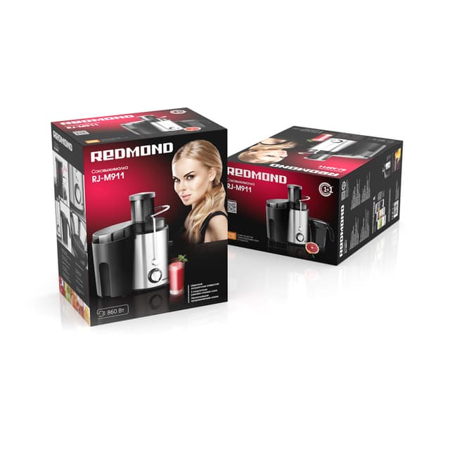 Соковыжималка центробежная, Redmond, RJ-M911, Мощность 860 Вт, 2 скорости, Скорость работы 20000 об/мин, Диаметр загрузочного отверстия 65 мм, Резервуар для сока 750 мл, Резервуар для жмыха 1500 мл