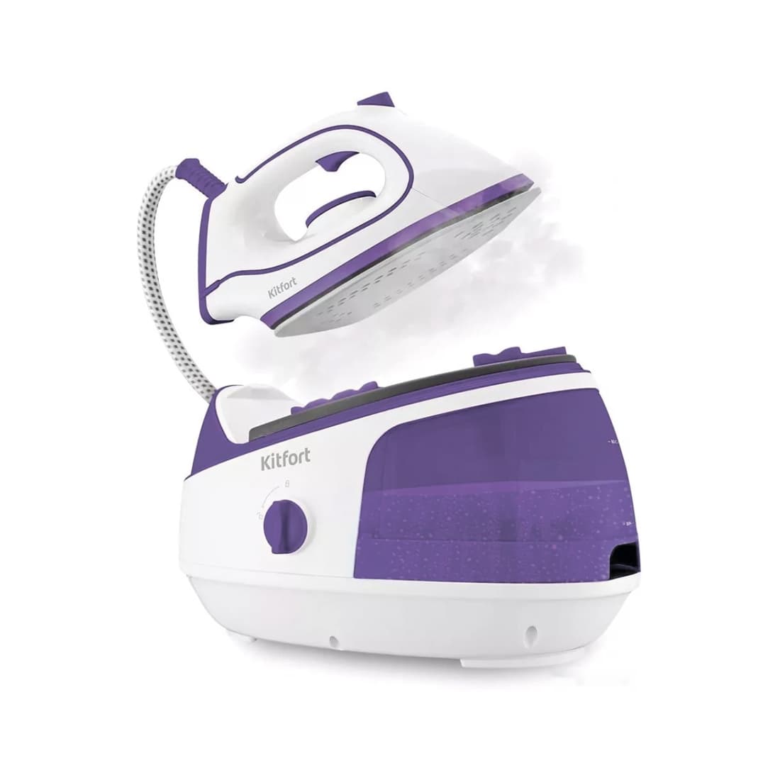 Паровая станция, Kitfort, КТ-9120-1, Мощность бойлера 1450 Вт, Мощность утюга 800 Вт, Емкость резервуара для воды 800 мл, Время нагрева 1,5-2 мин, Давление пара 1,5 бар , Цвет бело-фиолетовая