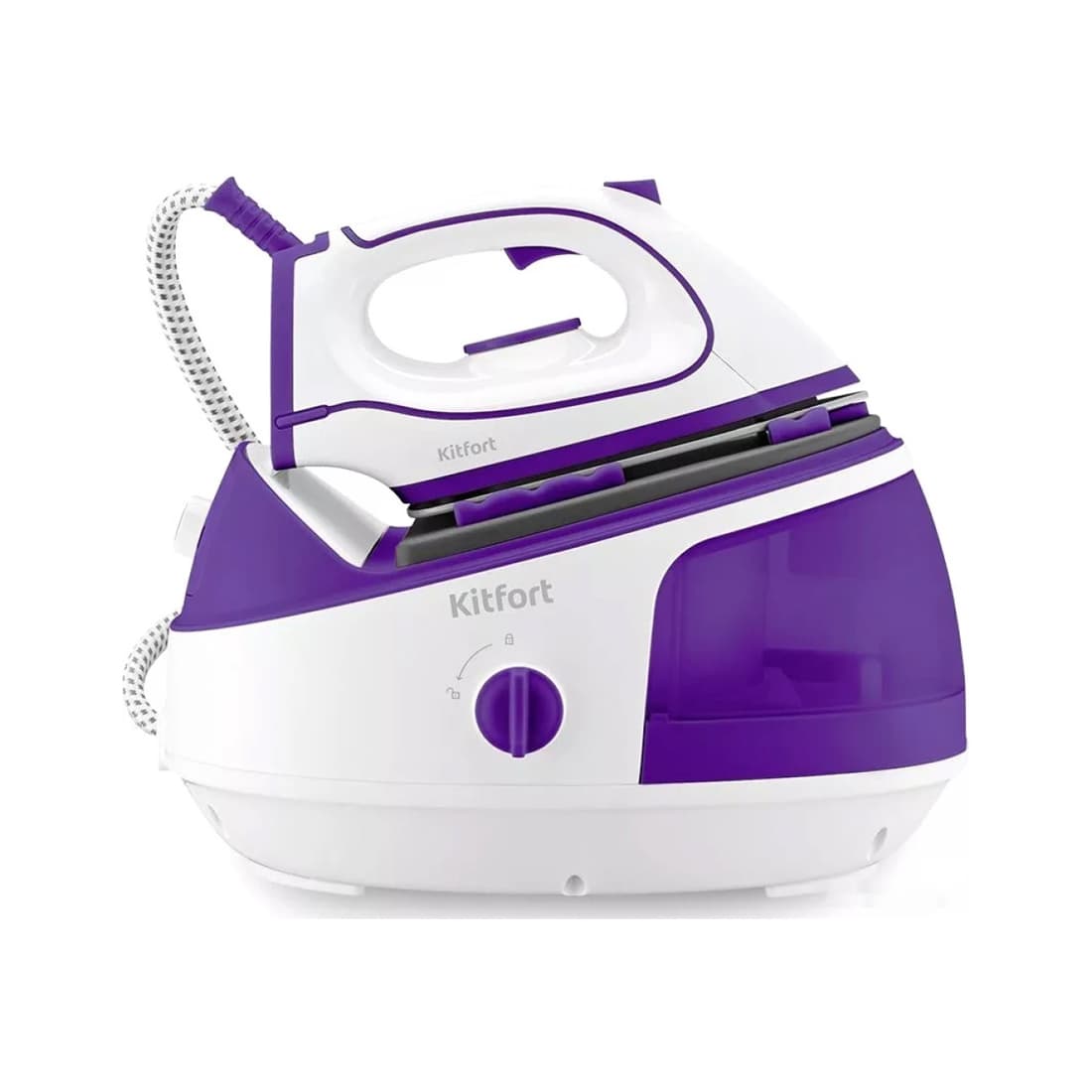 Паровая станция, Kitfort, КТ-9120-1, Мощность бойлера 1450 Вт, Мощность утюга 800 Вт, Емкость резервуара для воды 800 мл, Время нагрева 1,5-2 мин, Давление пара 1,5 бар , Цвет бело-фиолетовая