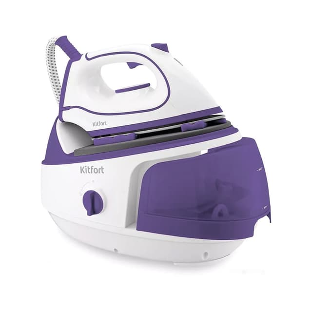 Паровая станция, Kitfort, КТ-9120-1, Мощность бойлера 1450 Вт, Мощность утюга 800 Вт, Емкость резервуара для воды 800 мл, Время нагрева 1,5-2 мин, Давление пара 1,5 бар , Цвет бело-фиолетовая