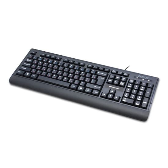 Клавиатура, Delux, DLK-6010UB, USB, Кол-во стандартных клавиш 104, Размер: 449,9*161,84*24,9 мм., Длина кабеля 1,4 метра, Анг/Рус/Каз, Защита от случайного пролива воды/кофе, Чёрный