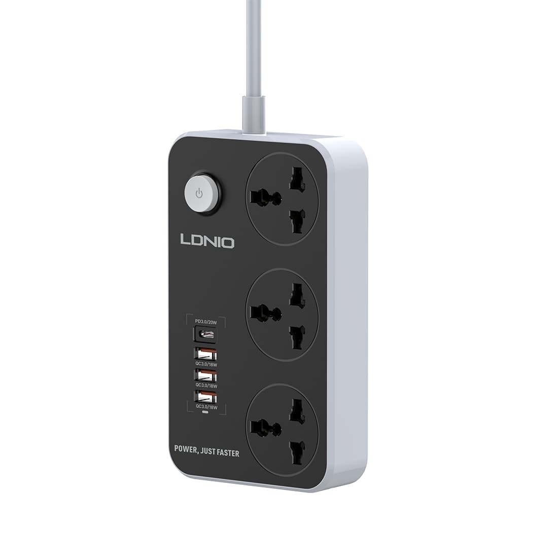 Сетевой фильтр, LDNIO, Universal SC3412, 3 универсальные розетки, 1*USB-C 12V-1.67A 20W PD20W , 3*USB 5V/3.4A 18W QC3.0, Провод 2м, Контроль питания