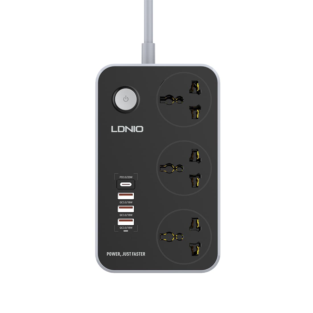 Сетевой фильтр, LDNIO, Universal SC3412, 3 универсальные розетки, 1*USB-C 12V-1.67A 20W PD20W , 3*USB 5V/3.4A 18W QC3.0, Провод 2м, Контроль питания