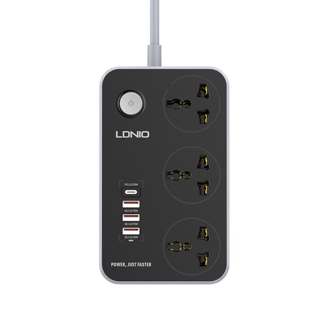Сетевой фильтр, LDNIO, Universal SC3412, 3 универсальные розетки, 1*USB-C 12V-1.67A 20W PD20W , 3*USB 5V/3.4A 18W QC3.0, Провод 2м, Контроль питания