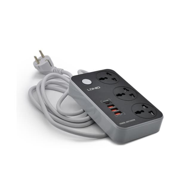 Сетевой фильтр, LDNIO, Universal SC3412, 3 универсальные розетки, 1*USB-C 12V-1.67A 20W PD20W , 3*USB 5V/3.4A 18W QC3.0, Провод 2м, Контроль питания