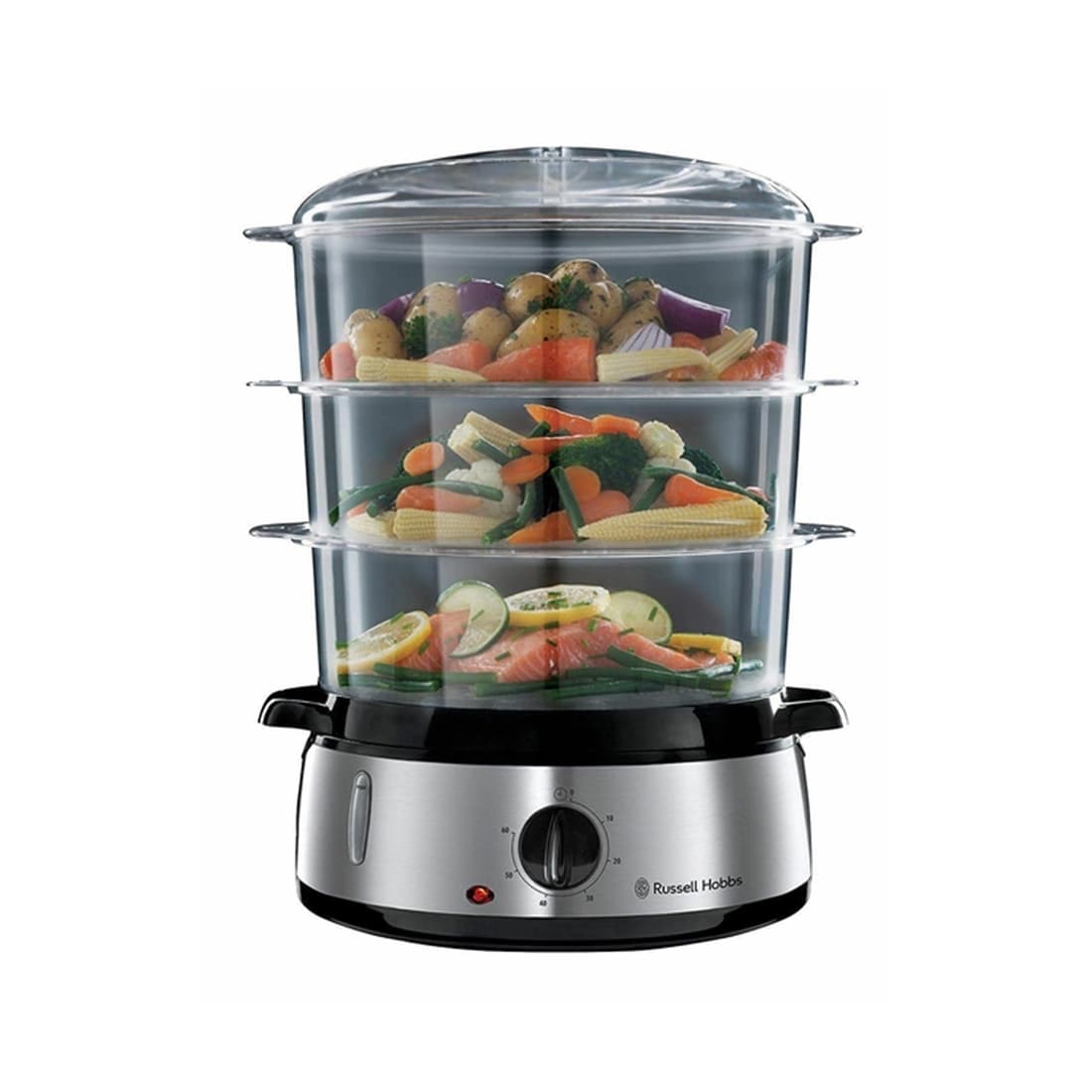 Пароварка, Russell Hobbs, 19270-56, Мощность 800W, Механический тип управления, 3 яруса, Общий объем 9L, Материал корпуса чаши Металл и Пластик, Серебристый