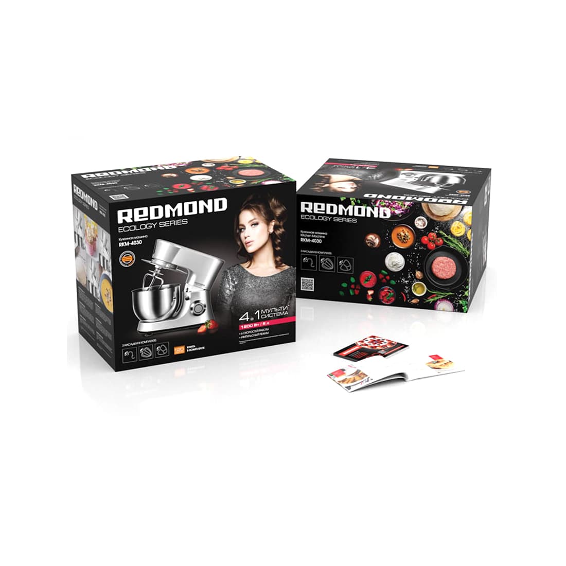 Кухонная машина, Redmond, RKM-4030, Мощность 1200 Вт, 6 скоростей, Объем чаши 5 л, 3 насадки для взбивания и замешивания, Серый металлик
