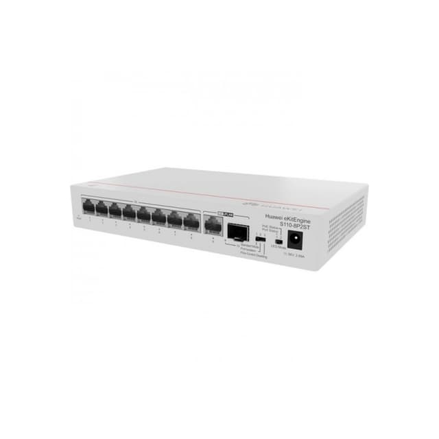 Коммутатор, Huawei, S110-8P2ST, неуправляемый, 8 портов 10/100/1000M RJ-45 124 W PoE+, 1 порт 10/100/1000M RJ-45, 1 порт SFP