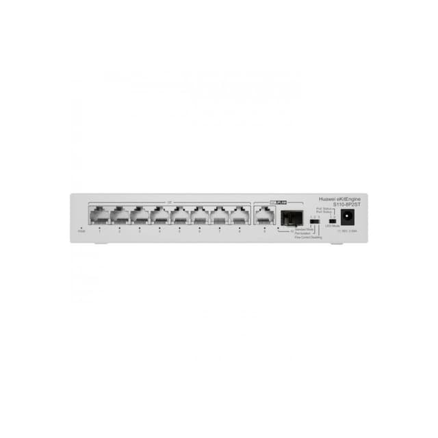 Коммутатор, Huawei, S110-8P2ST, неуправляемый, 8 портов 10/100/1000M RJ-45 124 W PoE+, 1 порт 10/100/1000M RJ-45, 1 порт SFP
