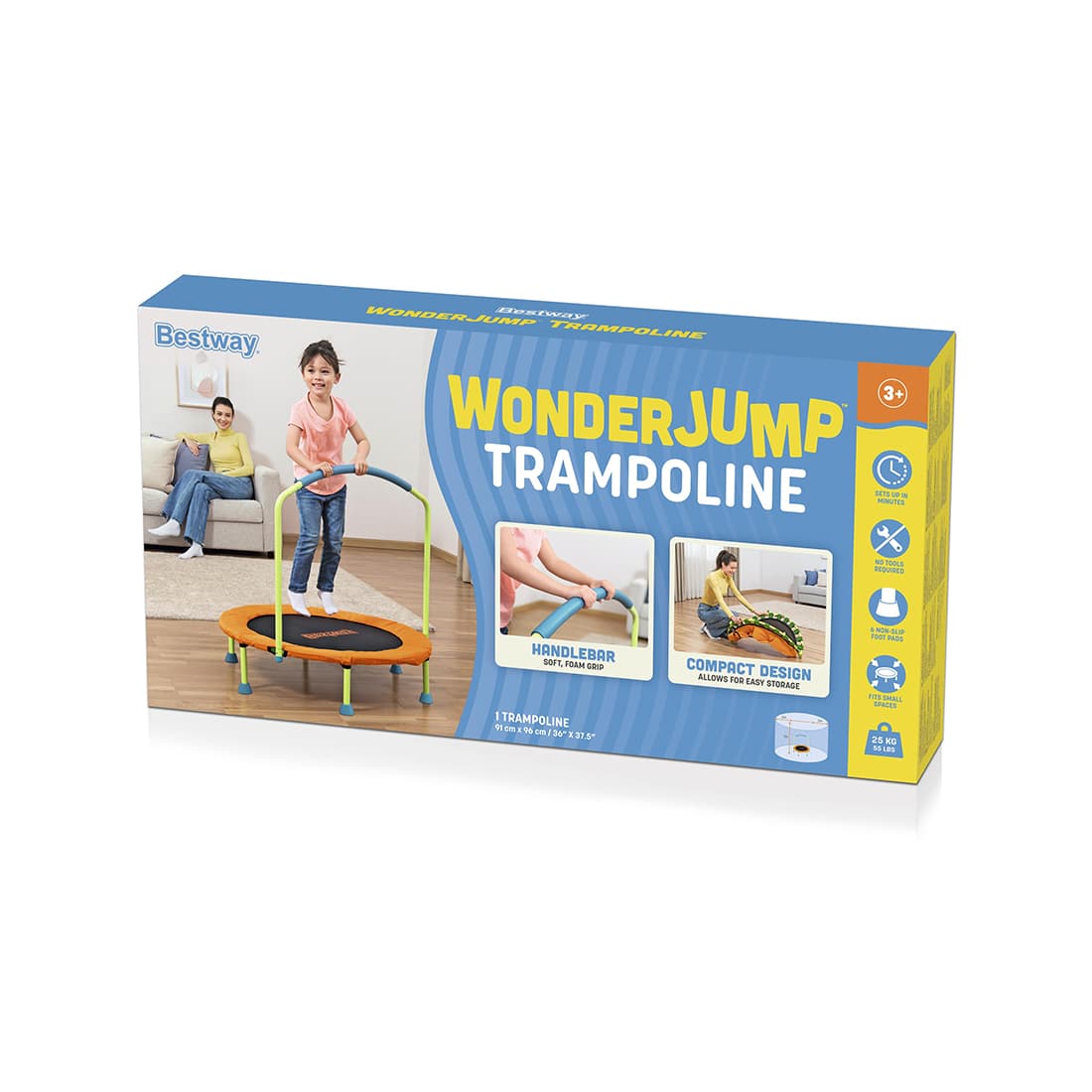 Батут складной WonderJump, BESTWAY, 59100, Метал/пластик, Размер 91 х 96 см, С аркой для держания, Максимальная нагрузка 25 кг, Цветная коробка