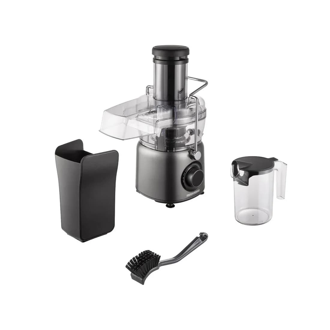 Соковыжималка центробежная, Redmond, J1402, Скорость работы 16000 об/мин, Диаметр загрузочного отверстия 84 мм, Уровень шума 82 дБ, Импульсный режим, Мощность 1040 Вт, Длина шнура 1м, Серый