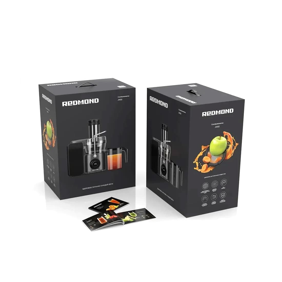 Соковыжималка центробежная, Redmond, J1402, Скорость работы 16000 об/мин, Диаметр загрузочного отверстия 84 мм, Уровень шума 82 дБ, Импульсный режим, Мощность 1040 Вт, Длина шнура 1м, Серый