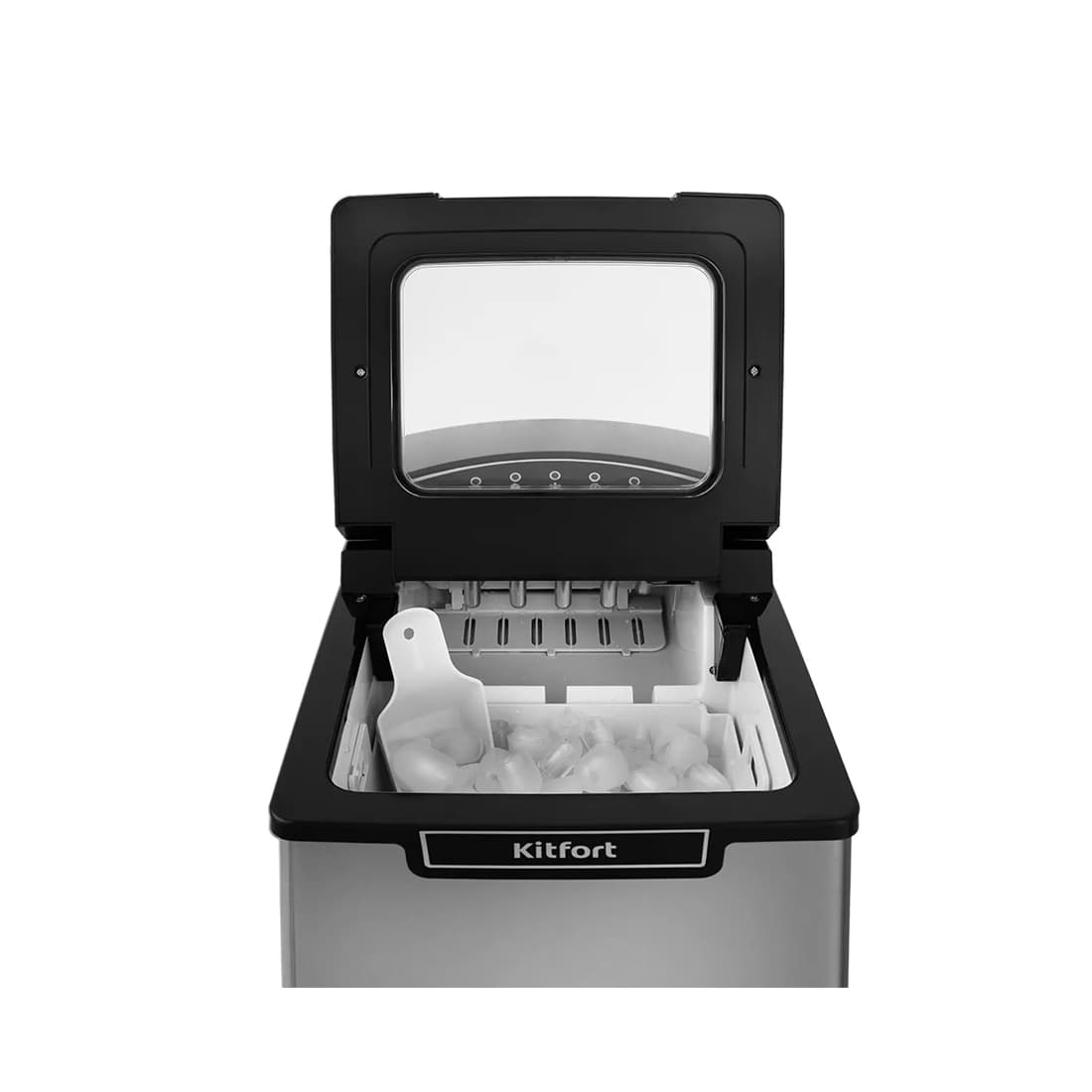 Льдогенератор, Kitfort, KT-1807, Пальчиковая форма льда, Готовность льда через 6-13 мин, Мощность 105 Вт, Объем 1.9л, Климатический класс ST/SN/N/T, Хладагент R600a , Уровень шума 60 дБ, Стальной/Черный
