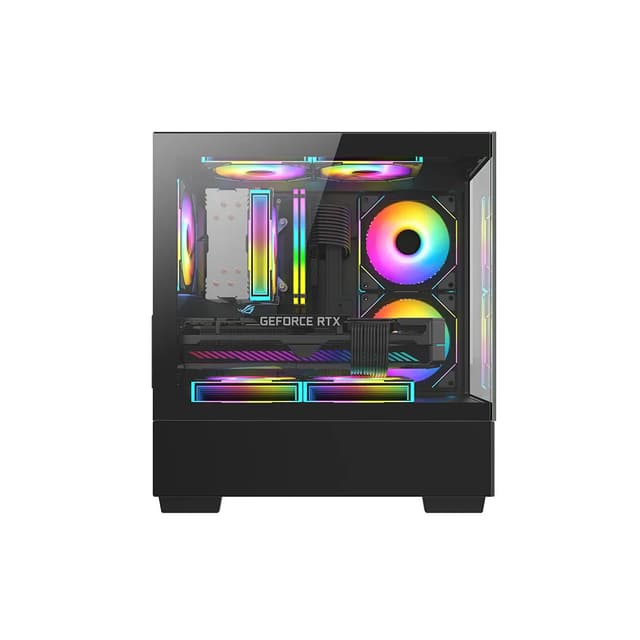 Компьютерный корпус, Huntkey, G35, Micro ATX/Mini-ITX, USB 1*3.0/2*2.0, HD-Audio+Mic, Кулер 3*12см RGB, Высота процессорного кулера до 160 мм, Длина VGA до 340мм, 1*3.5"/1*2.5", Слот 7, Толщина 0,5мм, 365x198x408мм, Без Б/П, Чёрный