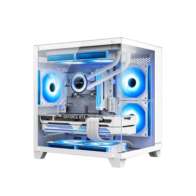 Компьютерный корпус, Huntkey, S900 White, Micro ATX/Mini-ITX, USB 1*3.0/2*2.0, HD-Audio+Mic, Кулер 5*12см ARGB, Высота процессорного кулера до 155 мм, Длина VGA до 320мм, 2*3.5"/1*2.5", Слот 4, Толщина 0,5мм, 345x270x374мм, Без Б/П, Белый