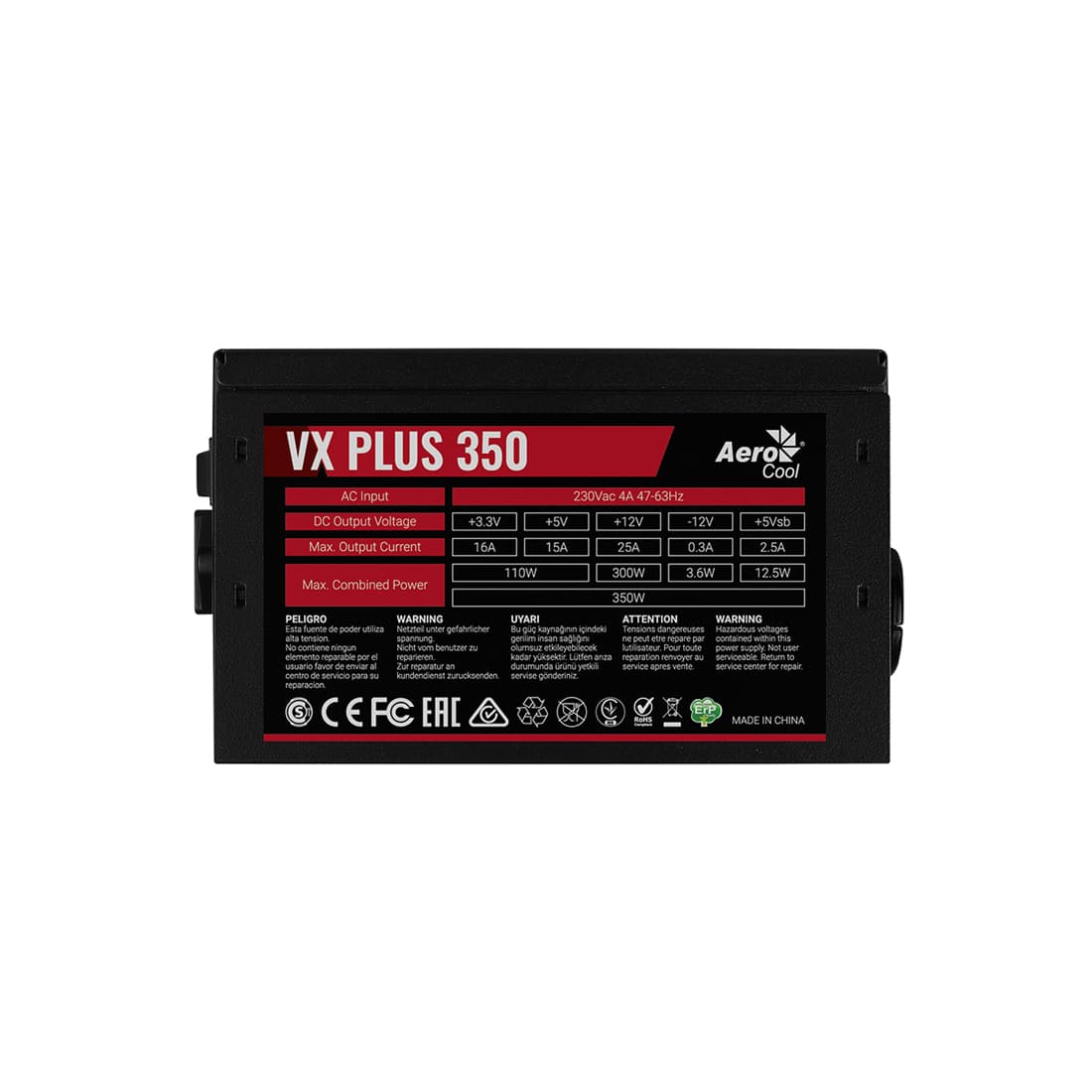 Блок питания, Aerocool, VX PLUS Stealth 350, 350W, ATX, None-PFC, 20+4pin, 4+4pin, 2*Sata, 2*Molex, 1*FDD, Вентилятор 12 см, Кабель питания, Чёрный