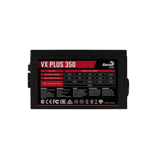 Блок питания, Aerocool, VX PLUS Stealth 350, 350W, ATX, None-PFC, 20+4pin, 4+4pin, 2*Sata, 2*Molex, 1*FDD, Вентилятор 12 см, Кабель питания, Чёрный