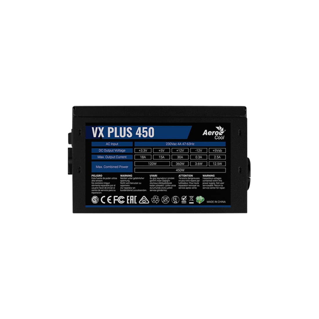 Блок питания, Aerocool, VX PLUS 450 , 450W, ATX, None-PFC, 20+4pin, 4+4pin, 2*Sata, 2*Molex, 1*FDD, 1*PCI-E 6pin, Вентилятор 12см, Кабель питания, Чёрный