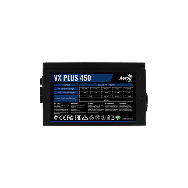 Блок питания, Aerocool, VX PLUS 450 , 450W, ATX, None-PFC, 20+4pin, 4+4pin, 2*Sata, 2*Molex, 1*FDD, 1*PCI-E 6pin, Вентилятор 12см, Кабель питания, Чёрный