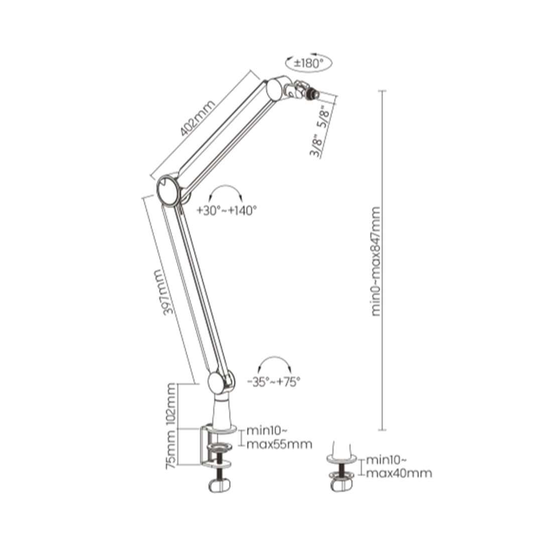 Пантограф (стойка) для микрофона, Brateck, MDS13-1, нагрузка до 1 кг, 3/8", 5/8", черный