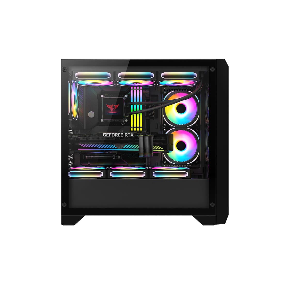 Компьютерный корпус, Huntkey, GX750A, ATX/Micro ATX, USB 1*3.0/2*2.0, HD-Audio, Кулер 3*12см RGB, Высота процессорного кулера до 165 мм, Длина VGA до 415мм, 2*3.5"/2.5", Слот 7, Толщина 0,6мм, 465x218x461мм, Без Б/П, Чёрный