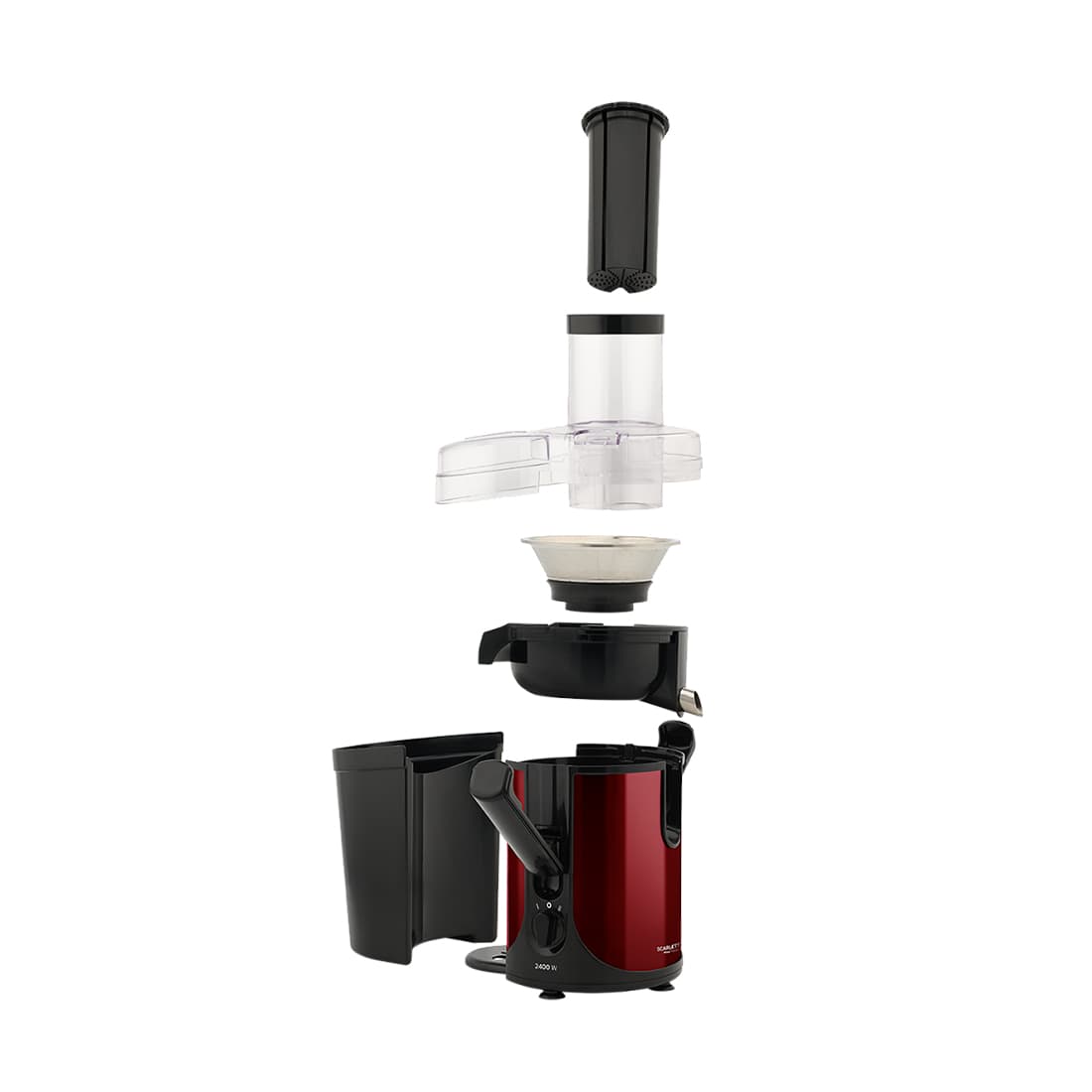 Соковыжималка центробежная, Scarlett, SC-JE50S48, Мощность 2400 Вт, 2 скоростных режима, Диаметр горловины 85 мм, Резервуар для сока 1000 мл, Резервуар для мякоти 2000 мл, Красный