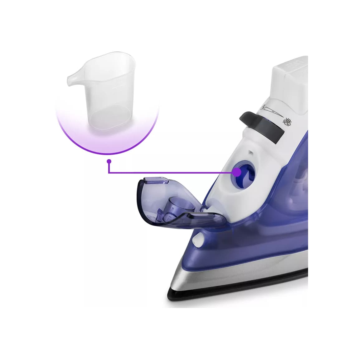 Утюг, Kitfort, КТ-2603, Постоянная подача пара 30 г/мин, Объем резервуара для воды 150 мл, Вертикальное отпаривание, Алюминиевая подошва, Мощность 1300 Вт, Длина шнура 1.9 м, Белый/Сиреневый