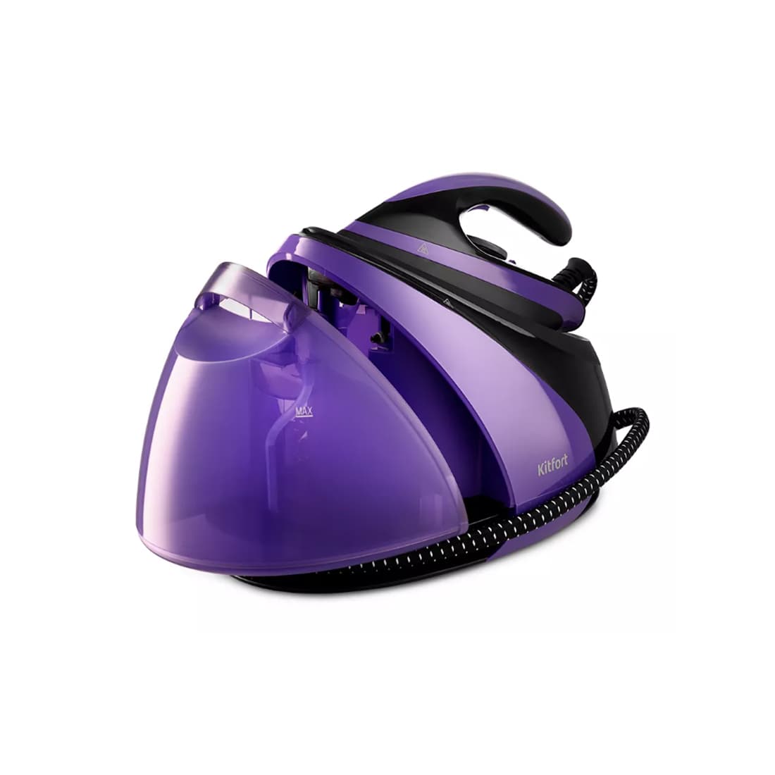 Парогенератор, Kitfort, КТ-980, Мощность 3000 Вт, Ёмкость резервуара для воды 1.3 л, Подача пара 120 г/мин, Вертикальное отпаривание есть ,Время нагрева 1-2 мин, Длина шланга утюга 1.5 м, Длина шнура питания 1,7 м, Материал подошвы утюга керамическая, Черный-фиолетовый