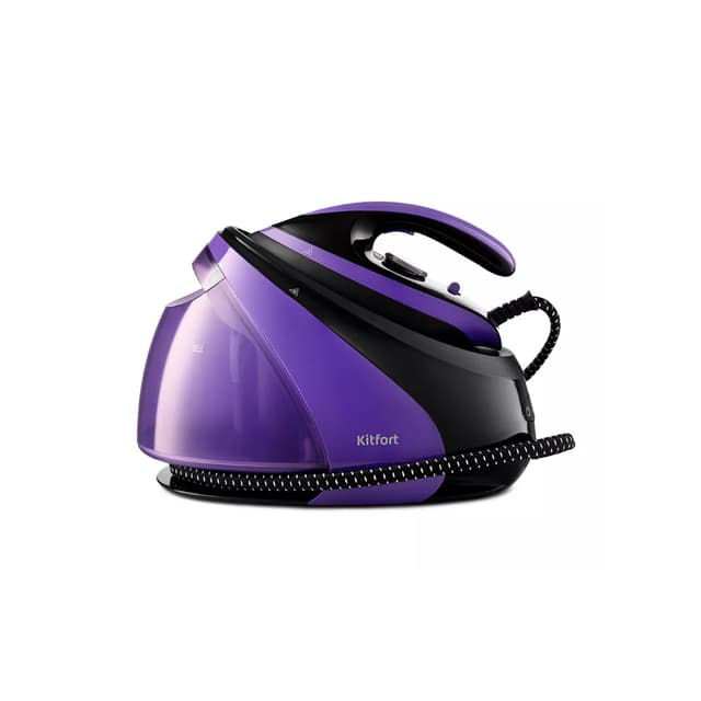 Парогенератор, Kitfort, КТ-980, Мощность 3000 Вт, Ёмкость резервуара для воды 1.3 л, Подача пара 120 г/мин, Вертикальное отпаривание есть ,Время нагрева 1-2 мин, Длина шланга утюга 1.5 м, Длина шнура питания 1,7 м, Материал подошвы утюга керамическая, Черный-фиолетовый