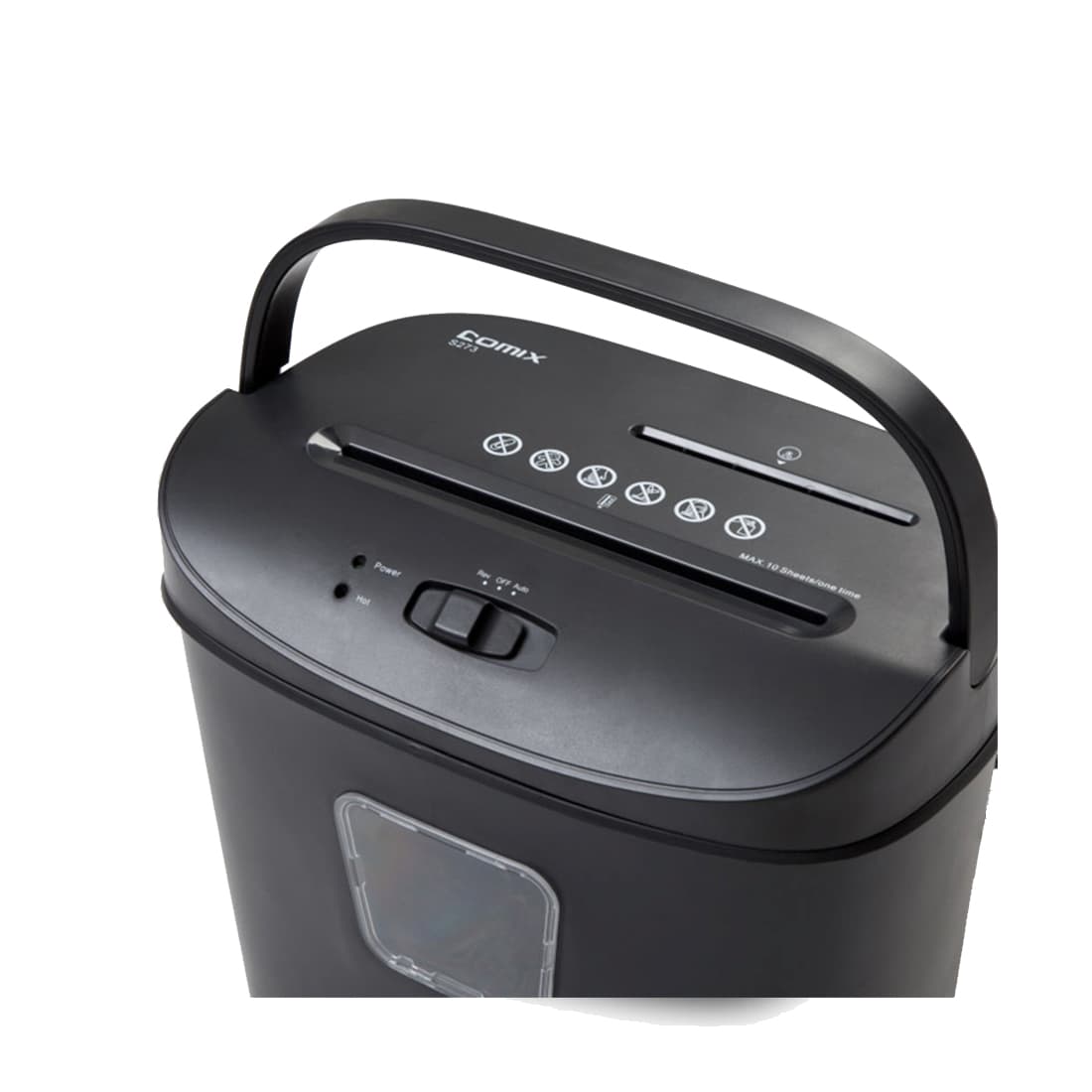 Уничтожитель бумаг, COMIX, S273, A4, Подача: 10 лист., Уничтожение CD/кредитных карт, Уровень секретности - 3, Скорость - 2,5 м/мин (34 мм/сек), Ёмкость корзины 17 л., 72db, Перекрёстная резка, Чёрный