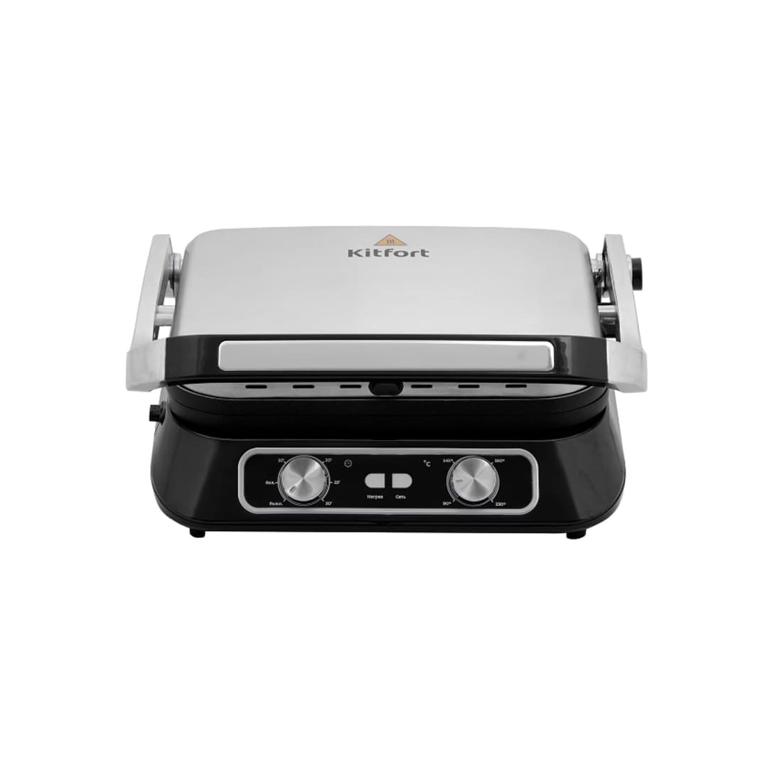 Гриль, Kitfort, КТ-1652, Таймер до 30 мин, Антипригарное покрытие, Температура нагрева 90-230°C, Автоматическое отключение, Открытие на 180°, Длина шнура 0.94м, Мощность 2100 Вт, Черный/стальной