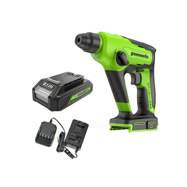 Перфоратор аккумуляторный, Greenworks, GD24SDS1K2(3803107UARU), 24 V, Бесщеточный, c АКБ 1x2 Ач и ЗУ в сумке, Платформа POWERALL 24 V, Тип двигателя бесщёточный DigiPro, Тип патрона SDS-Plus, Тип удара пневматический, Частота вращения 0-1440 об/мин, Макс. частота ударов 4800 уд/мин, Макс. энергия единичного удара 1.2 Дж, Число режимов работы 2 , Макс. диаметр сверления, - в бетоне 12 мм, - в древесине 25 мм, - в стали 13 мм, Оптимальный диаметр сверления в бетоне 5-8 мм, Черный/зелёный