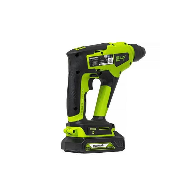 Перфоратор аккумуляторный, Greenworks, GD24SDS1K2(3803107UARU), 24 V, Бесщеточный, c АКБ 1x2 Ач и ЗУ в сумке, Платформа POWERALL 24 V, Тип двигателя бесщёточный DigiPro, Тип патрона SDS-Plus, Тип удара пневматический, Частота вращения 0-1440 об/мин, Макс. частота ударов 4800 уд/мин, Макс. энергия единичного удара 1.2 Дж, Число режимов работы 2 , Макс. диаметр сверления, - в бетоне 12 мм, - в древесине 25 мм, - в стали 13 мм, Оптимальный диаметр сверления в бетоне 5-8 мм, Черный/зелёный