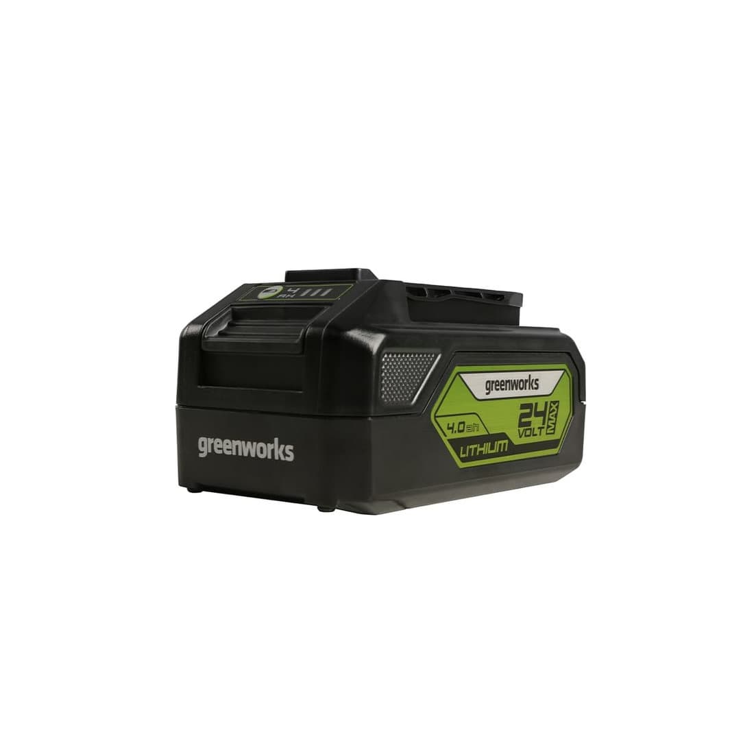 Аккумулятор с USB разъёмом, Greenworks, G24USB4(2939307RU), 24 V, 4 Ач, Напряжение 100% заряда 24 V, Ёмкость 4 Ач, Номинальная мощность 860 Вт, Энергоёмкость 86,4 Вт*ч, USB-A 5V – 1 A, Масса без упаковки 0,75 кг, Время заряда , - от ЗУ ток 2 А 120 мин, - от ЗУ ток 4 А 60 мин., Черный/зелёный