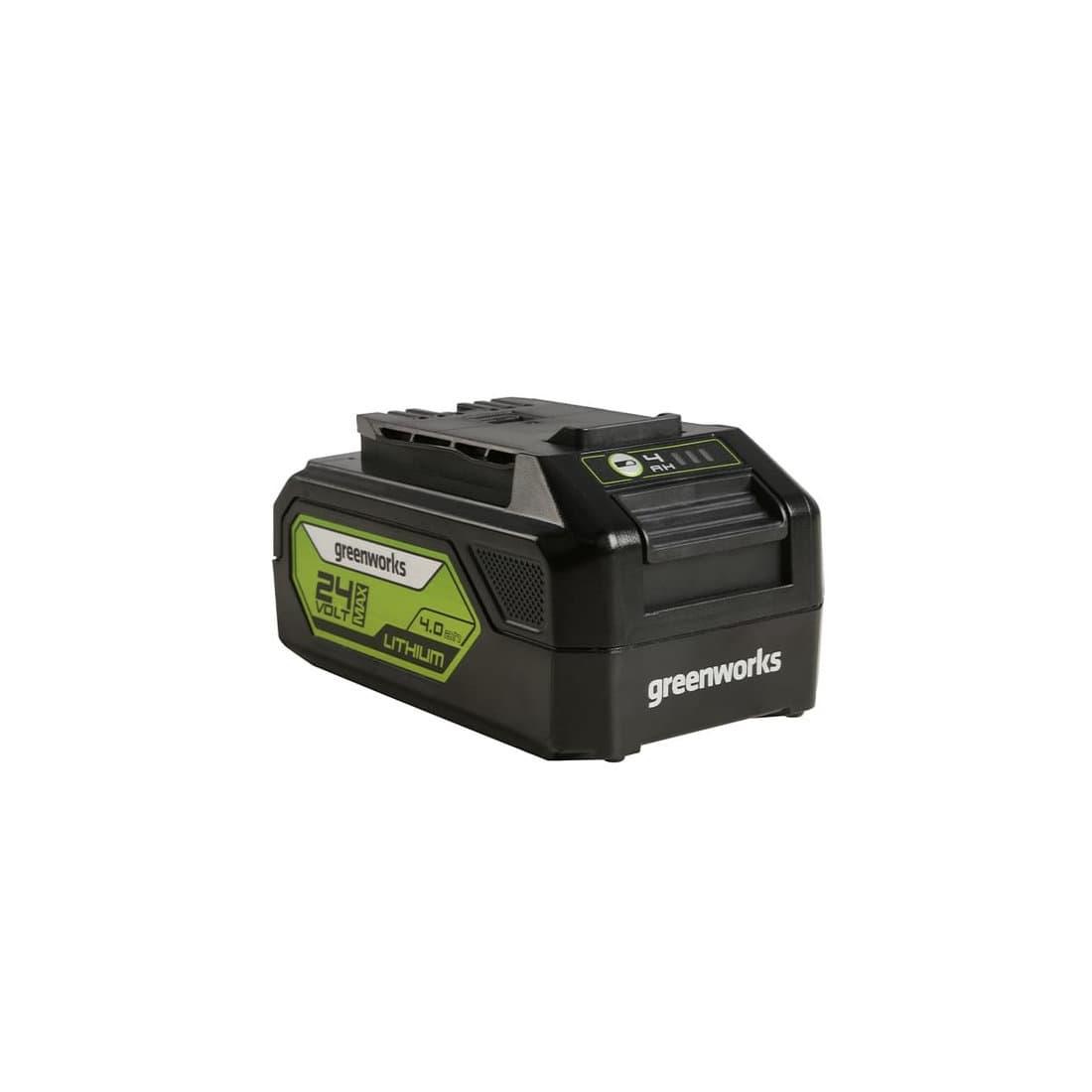 Аккумулятор с USB разъёмом, Greenworks, G24USB4(2939307RU), 24 V, 4 Ач, Напряжение 100% заряда 24 V, Ёмкость 4 Ач, Номинальная мощность 860 Вт, Энергоёмкость 86,4 Вт*ч, USB-A 5V – 1 A, Масса без упаковки 0,75 кг, Время заряда , - от ЗУ ток 2 А 120 мин, - от ЗУ ток 4 А 60 мин., Черный/зелёный