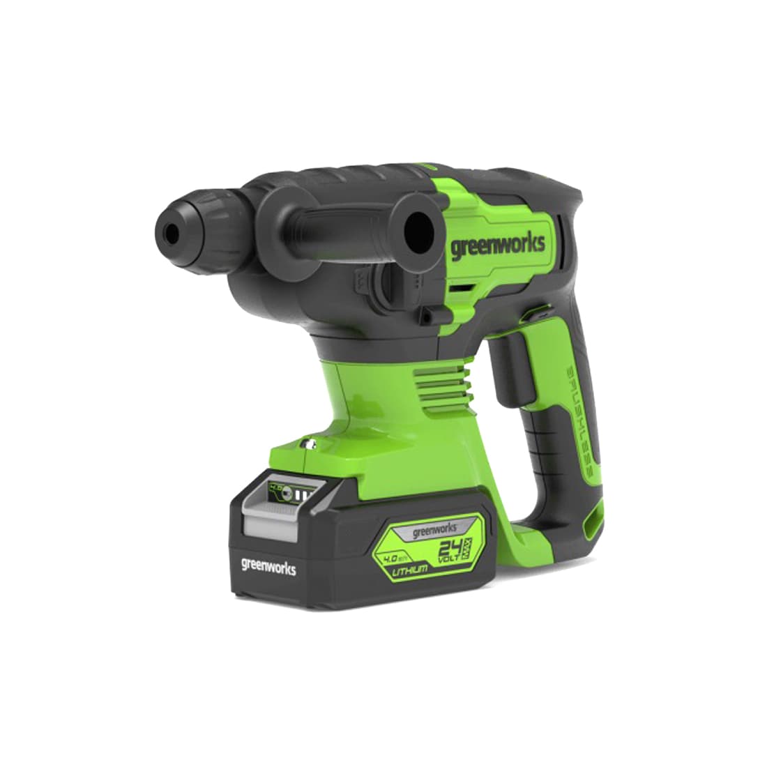 Перфоратор аккумуляторный Бесщеточный, Greenworks, GD24SDS2K4(3803007UBRU), 2 Дж, 24V, с АКБ 1x4 Ач и ЗУ в сумке, Платформа POWERALL 24 V, Тип двигателя бесщёточный DigiPro, Тип патрона SDS-Plus, Тип удара пневматический, Частота вращения 0-1000 об/мин, Макс. частота ударов 4500 уд/мин, Макс. энергия единичного удара 2 Дж, Число режимов работы 3 , Макс. диаметр сверления, - в бетоне 24 мм, - в древесине 32 мм, - в стали 13 мм, Черный/зелёный