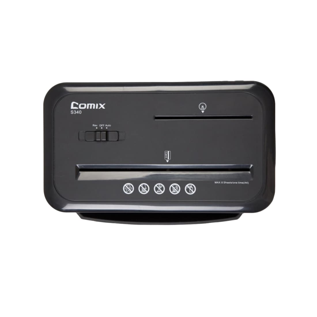 Уничтожитель бумаг, COMIX, S340, A4, Подача: 8 лист., Уничтожение CD/кредитных карт, Уровень секретности - 3, Скорость - 2,2 м/мин (34 мм/сек), Ёмкость корзины 13 л., Перекрёстная резка, Чёрный
