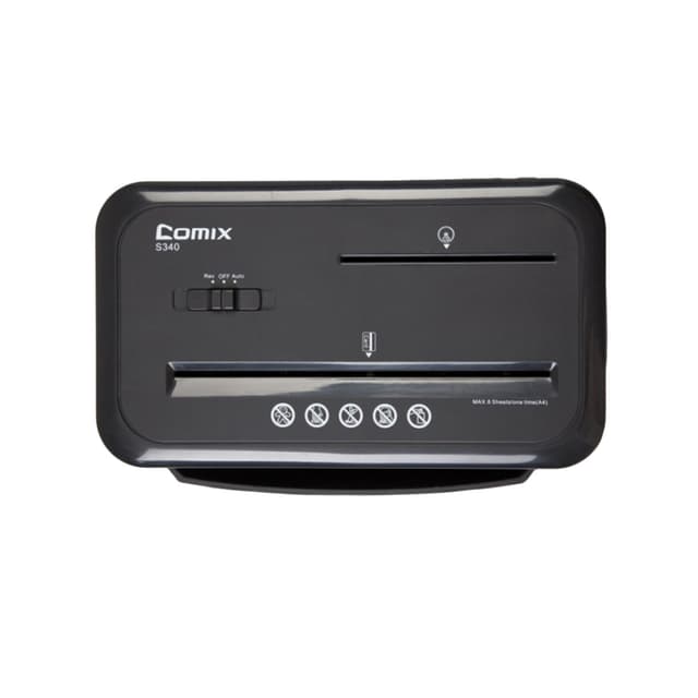 Уничтожитель бумаг, COMIX, S340, A4, Подача: 8 лист., Уничтожение CD/кредитных карт, Уровень секретности - 3, Скорость - 2,2 м/мин (34 мм/сек), Ёмкость корзины 13 л., Перекрёстная резка, Чёрный