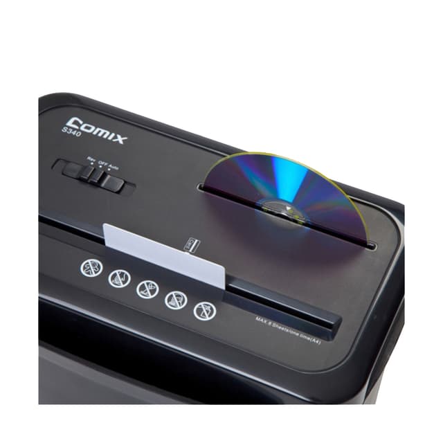 Уничтожитель бумаг, COMIX, S340, A4, Подача: 8 лист., Уничтожение CD/кредитных карт, Уровень секретности - 3, Скорость - 2,2 м/мин (34 мм/сек), Ёмкость корзины 13 л., Перекрёстная резка, Чёрный