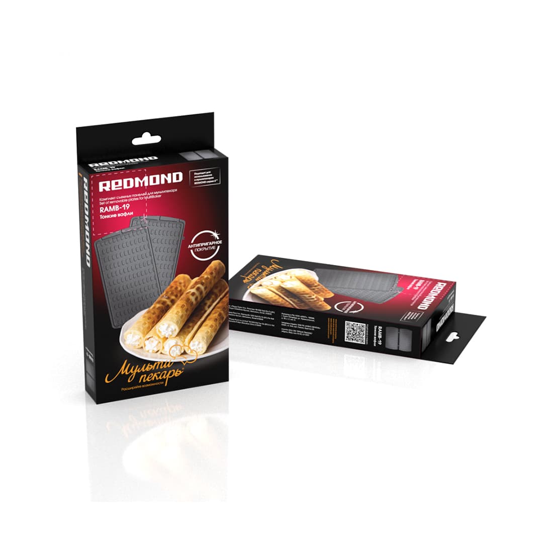 Панель для мультипекаря, Redmond, RAMB-19, Тонкие вафли, Антипригарное покрытие, Габаритные размеры 134  236 мм, Черный