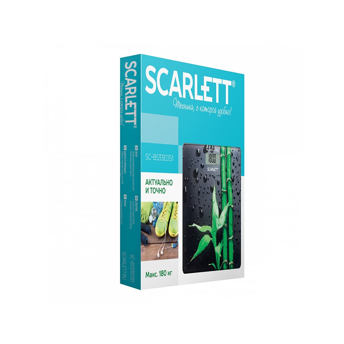 Весы, Scarlett, SC-BS33E051, Электронные, Материал корпуса стекло, Максимальный вес 180 кг, Автоматическое включение/выключение, Тип батарейки CR2032, Черный